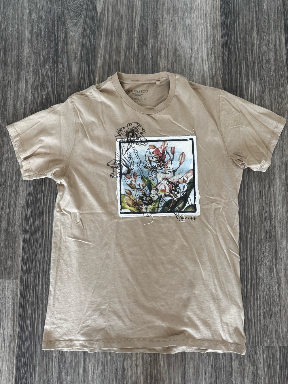 Guess Tan Short Sleeve Tee with Floral Frame Graphic